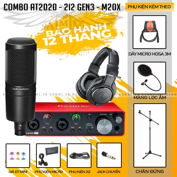 Bộ Micro Thu Âm  Audio-Technica AT2020 và Sound card 2i2 (gen3) và tai nghe Audio-Technica ATH-M20x